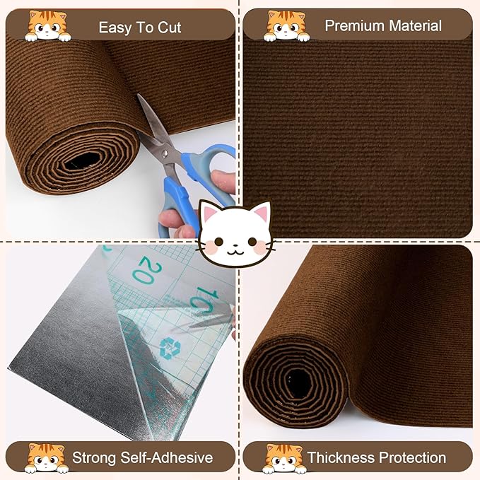 Cat Scratch Furniture Protector, 78.7"x15.8" Cat Scratching Mat, Trimmable Self-Adhesive Cats Claws Scratch Pads, DIY Carpet Mat Replacement for Cats Tree, Cats Wall Shelves, Brown