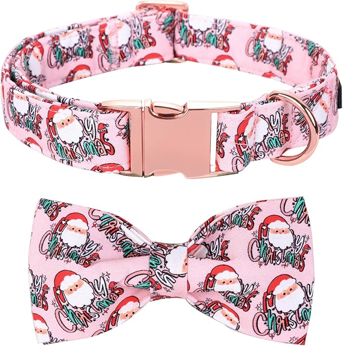 Christmas Dog Collar, Pink Christmas Santa Claus Dog Collar Bow Tie Pet Collars with Bow Adjustable Pet Collars with Premium Metal Buckle Dogs Necklace for Medium Girl Dogs