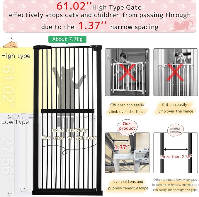 Lumizone Extra Tall Cat Gate 61.02" High Pressure Mounted Extra Wide 63.39"-67.32" (17Sizes) 1.37" Gap No Drilling Auto-Close Tall Pet Gate for Dogs (Black, 63.39"-67.32" W)