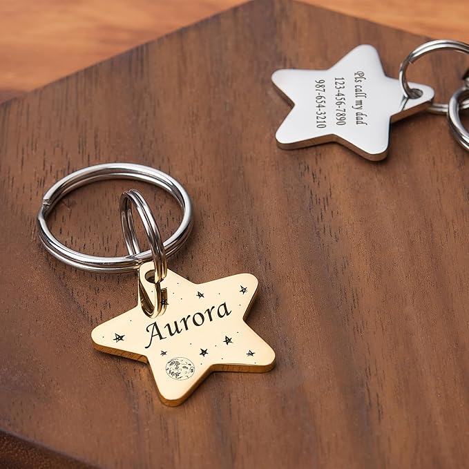 Anavia Small Size Dog Cat ID Tags, Small/XS Personalized Color Plated Stainless Steel Puppy Kitten Name Tags, Customized Engraved Nameplate Pet Collar Tag (Gold, Star)