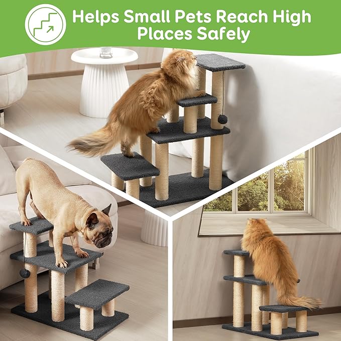Pawque Dog Stairs & Cat Scratching Post Pet Steps for High Bed Couch, High-Strength Boards Hold up to 150 lbs for Indoor Small Cats Kittens Dogs Climbing Playing, 4 Combination Options, 4 Steps-Grey