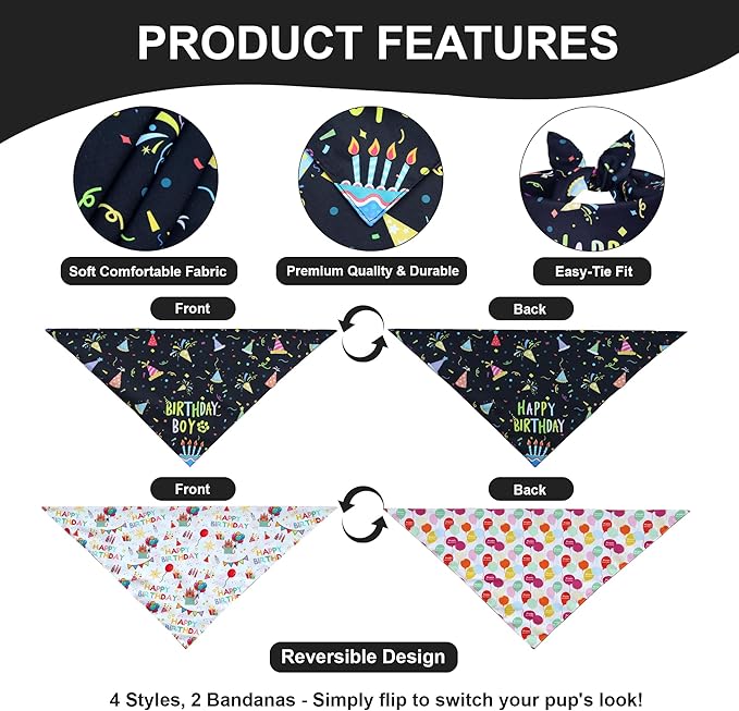 Dog Birthday Bandanas, 2-Pack Reversible 4 Patterns for Medium Large Dogs - Black Boy & White Girl Birthday Scarf, Party Outfit Gift for Pups (14-18" Neck)