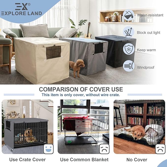 Explore Land Dog Crate Cover Heavy Duty Polyester Pet Kennel Sunshade Universal Fit for 54 inches Wire Cage (Grey)