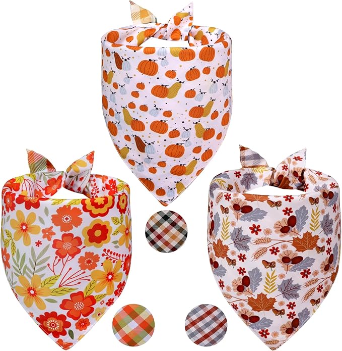 Fall Dog Bandanas Large 3PCS, 6 Pattern Thanksgiving Scarf for Boy and Girl, Pumpkin Leaves Flowers Triangle Reversible Bibs Breed for Puppy Pets