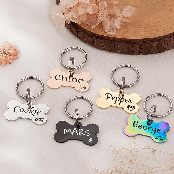 Anavia Small Size Dog Cat ID Tags, Small/XS Personalized Color Plated Stainless Steel Puppy Kitten Name Tags, Customized Engraved Nameplate Pet Collar Tag (Blue, Bone)