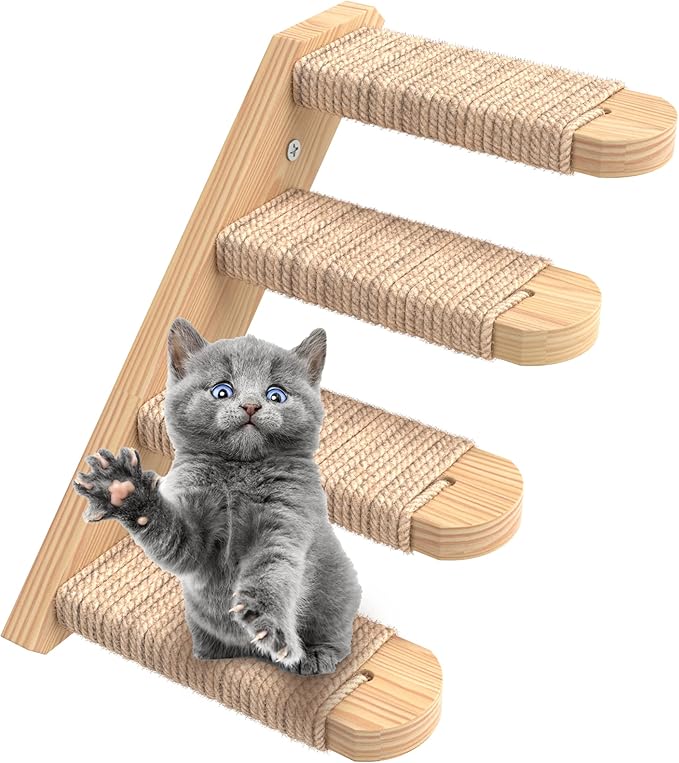 Skywin Cat Steps - Solid Rubber Wood Cat Wall Stairs Great for Scratching and Climbing - Easy to Install Wall Mounted Shelves for Playful Cats (Wood, Left-Right)