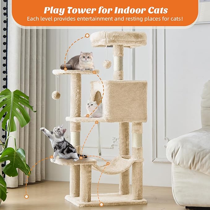 Sweetcrispy 44 inch Cat Tree Tower, Small Cat Climbing Tower with Condo, Natural Sisal Scratching Posts, Extended Platform, Hammock, Pet House for Indoor Cats and Kittens Play, Beige