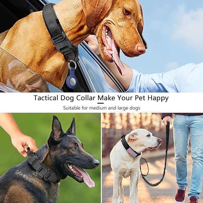 DAGANXI Tactical Dog Collar, Adjustable Military Training Nylon Dog Collar with Control Handle and Heavy Metal Buckle for Medium and Large Dogs, with Patches and Airtags Case (XXL, Black-Set)