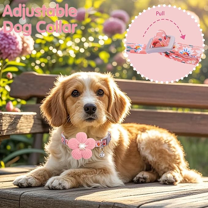 Medium Dog Collar with Flower, Dog Collars for Medium Dogs Collar for Girl Cute Dog Collar with Bell, Adjustable Length