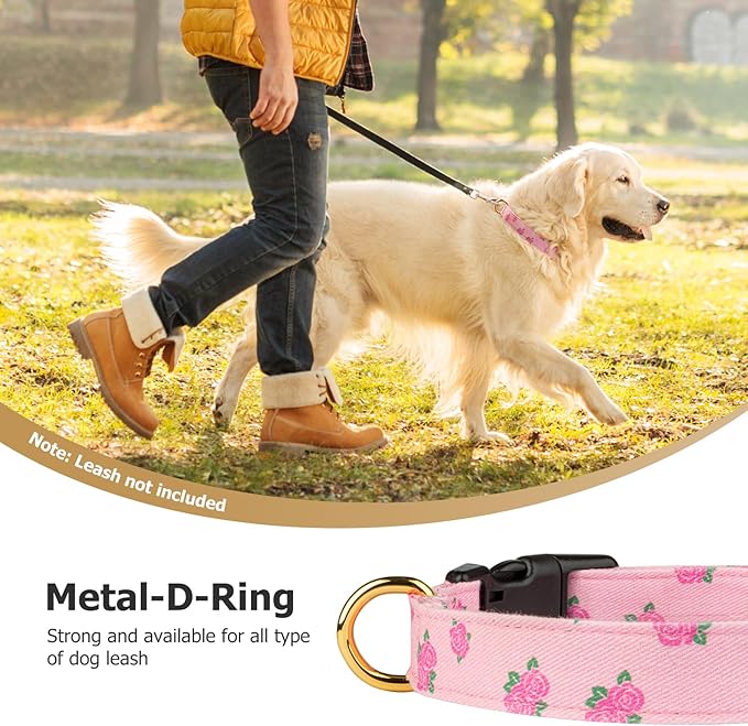 Cotton Handmade Dog Collar Cute and Distinctive Patterns Pink Rose with Pendant for Girl Boy Dogs Collars M