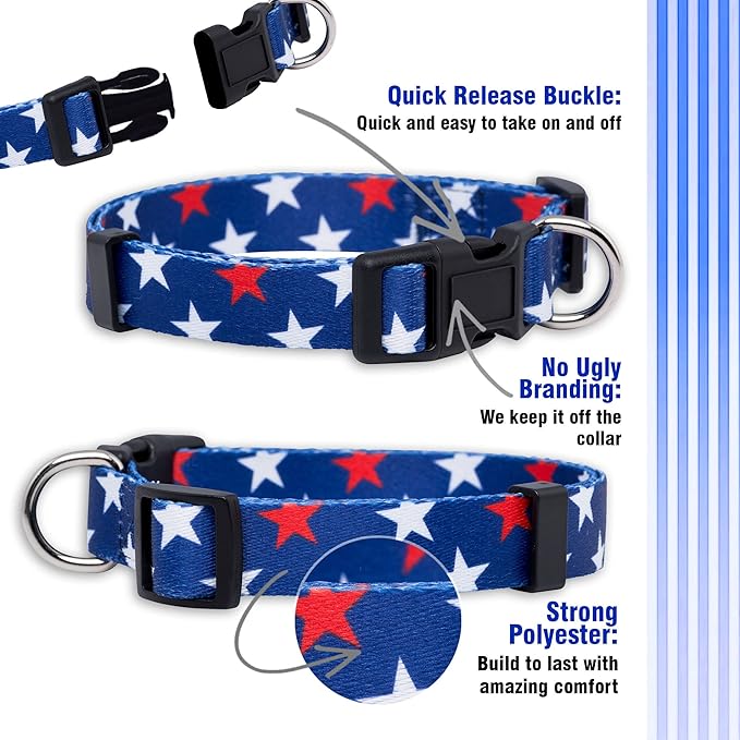 Native Pup American Flag Dog Collar- Red White and Blue- Patriotic Collars for 4th of July, USA- Adjustable Small, Medium, Large Breed Dogs (Medium, Red & White Stars)