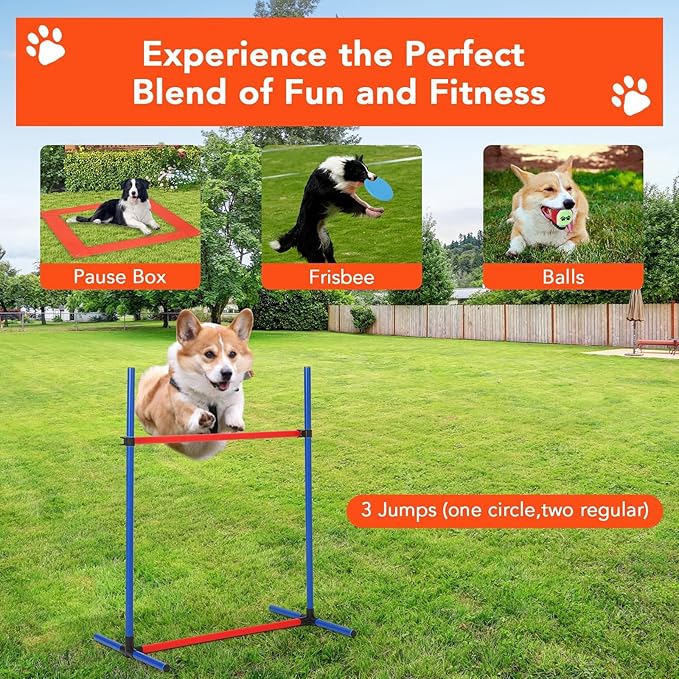 Garvee Dog Agile Training Equipment Set Outdoor Indoor,70" Tunnel + Tire Jump + Hurdle Jump, Weave Poles, Pause Box, 2 Toy Balls, 1 Whistle, Carry Bag, Premium Dog Obstacle Course Kit