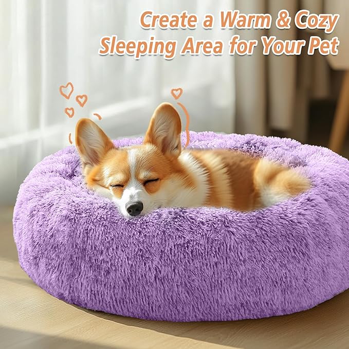 JOLLYVOGUE Calming Dog Bed Medium Size Dog, Anti-Anxiety Donut Medium Pet Bed, 31 inches Fluffy Faux Fur Round Cat Bed, Fits up to 45 lbs Pets (Purple)