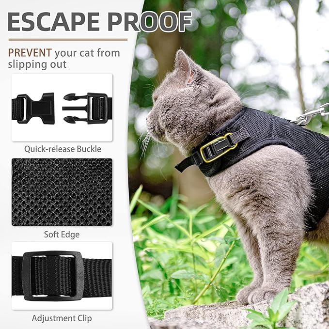 PUPTECK Soft Mesh Cat Vest Harness and Leash Set Puppy Padded Pet Harnesses Escape Proof for Cats Small Dogs Rabbits Bunny, Black XL