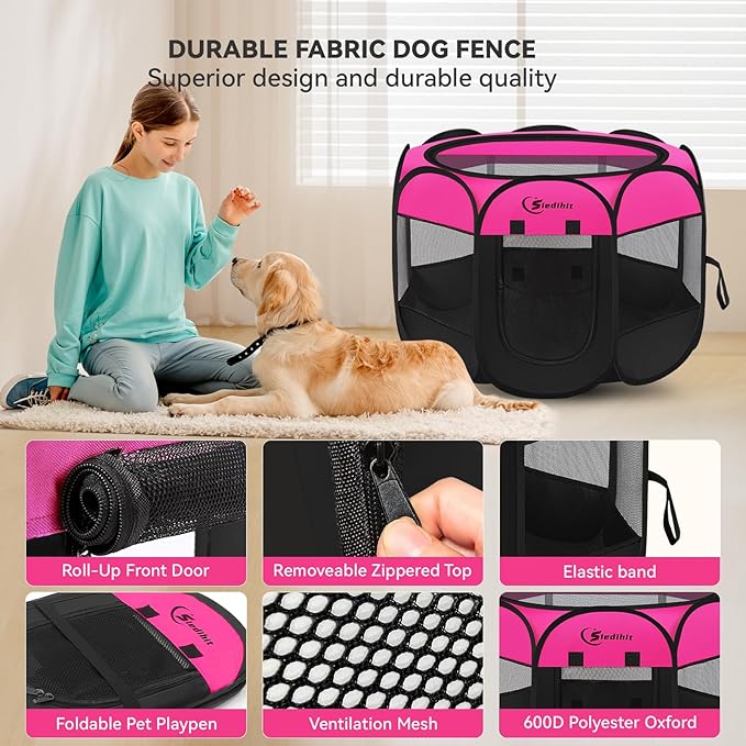 Dog Cat Playpen, Large Puppy Pet Playpen, Dog Crate Tent Cage Indoor/Outdoor, Portable Pop Up Dogs Kennel Playpen with Carrying Case for Dogs/Cats/Rabbits, Hot Pink