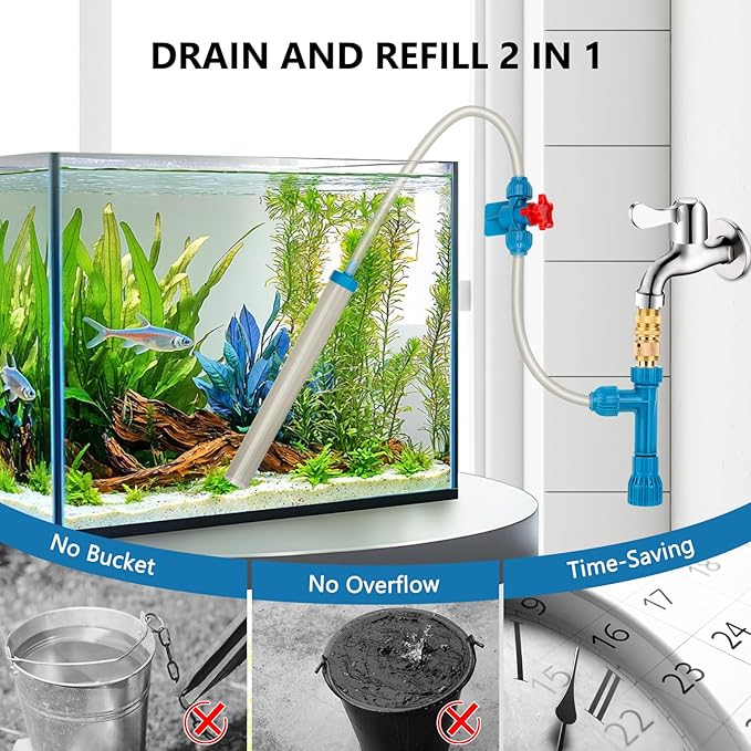 fishkeeper 25FT/50FT Aquarium Gravel Vacuum Water Changer - Flow Adjustable Faucet Universal Siphon Quick Pump with 6 Adapters, Bucket-Free Fish Tank Cleaner for Drain & Fill (2025 New)