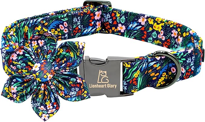 Lionheart Glory Floral Dog Bow Collar - Dark Blue, Adjustable, Durable for Small Dogs