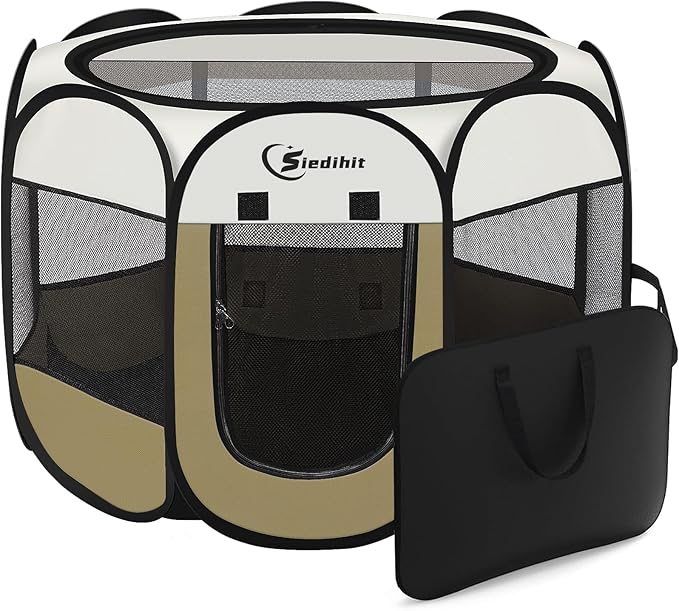 Dog Cat Playpen, Small Puppy Pet Playpen, Dog Crate Tent Cage Indoor/Outdoor, Portable Pop Up Dogs Kennel Playpen with Carrying Case for Dogs/Cats/Rabbits(Khaki, Small)