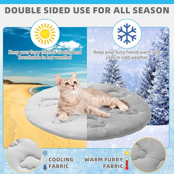 KOOLTAIL Cat Cooling Mat, Upgraded Two Sided Cooling Pad for Dogs Cats Puppy, Soft Summer Pet Sleeping Blanket Kennel to Keeping Cool, Washable Dog Mats for Crate Sofa Bed Outdoor, Round, Gery
