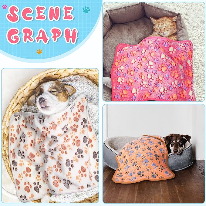Tatuo 4 Pcs Dog Blanket for Pet Cat Blankets Indoor Puppy Teething Stuff Toys Paw Print Fleece Soft Blanket Sleep Mat for Guinea Pig Cage(White,Medium(30 x 20.5 Inch),Square)