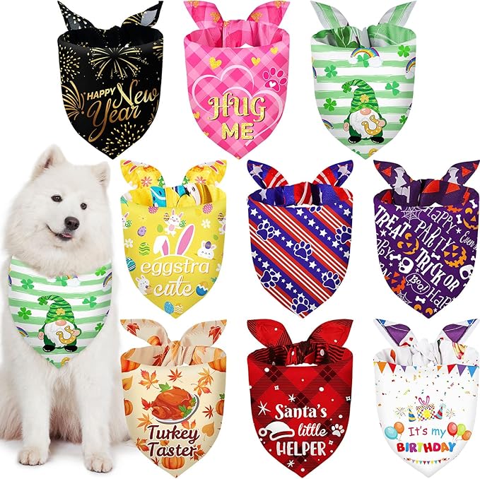 Weewooday 9 Pcs Holiday Dog Bandanas St' Patrick's Day Easter Bandanas Birthday Scarf Adjustable Large Pet Washable Scarves for Large Dog Supply(Fresh Pattern)