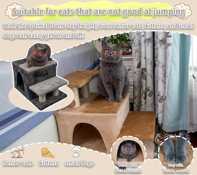 3-in-1 Pet Stairs for Cats for High Bed, Adjustable Dog Steps, Modular 3-Tier, Cushioned Steps & Big Cat Condo, Adjustable Entrance, Dangling Ball, for Kittens, Senior & Fat Cats (Grey, Large)