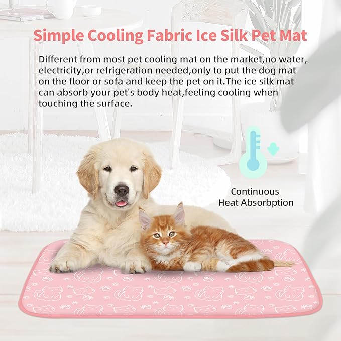 NWK Pack of 4 Pet Cooling Mat - Ice Silk Cooling Mat for Dogs & Cats Portable & Washable Pet Cooling Blanket, Car Seats, Beds for Summer (4pcs, Pink Cat, 27’’ X 20’’ X 0.3)