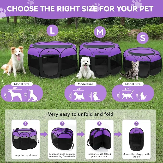 Dog Cat Playpen, Puppy Pet Playpen, Small Dogs Tent Crates Cage Indoor/Outdoor, Portable Pop Up Dog Kennel Playpen with Carrying Case for Dogs/Cats/Rabbits,Purple