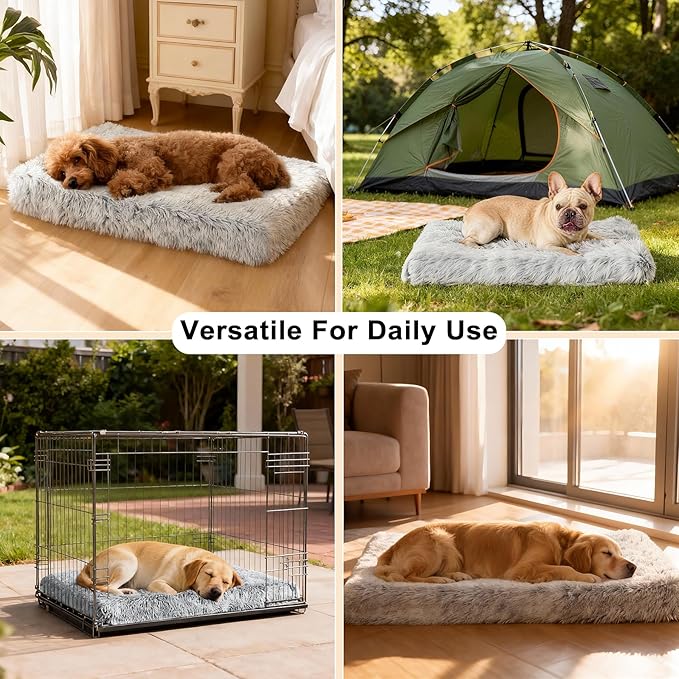 Fluffy Orthopedic Dog Beds for Medium Dogs with Washable Removable Cover Dog Crate Bed Egg Crate Foam Support Plush Pet Pad Mat with Anti-Slip Bottom(36 * 24,Khaki)