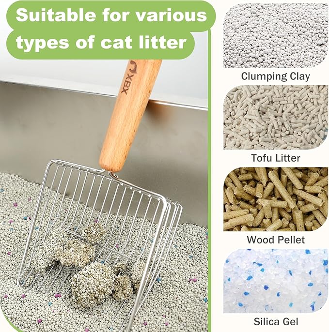 XBX Cat Litter Scoop with Holder, Sturdy Stainless Steel Litter Scooper, Wide Gap Litter Shovel with Beech Wood Handle for Easy Daily Litter Box Cleaning