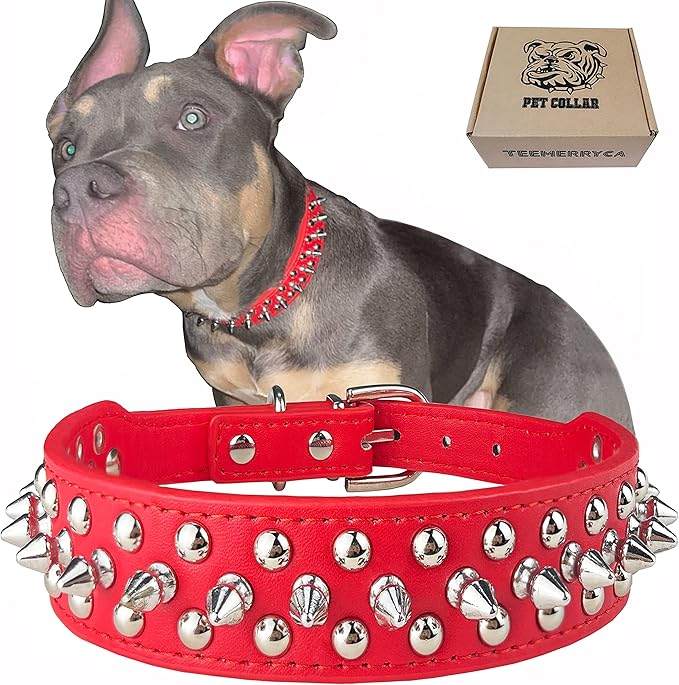 TEEMERRYCA Adjustable Microfiber Leather Spiked Studded Dog Collars with a Squeak Ball Gift for Small Medium Large Pets Like Cats/Pit Bull/Bulldog/Pugs/Husky, Red, L(15"-18.5")