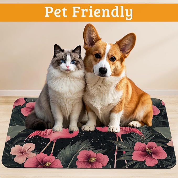 Pet Feeding Mat,Pink Flamingo Absorbent Dog Cat Food Mat Palm Leaves Dog Mat with Rubber Backing,Non-Slip Water Bowl Placemat,Pet Supplies 12" x 20"