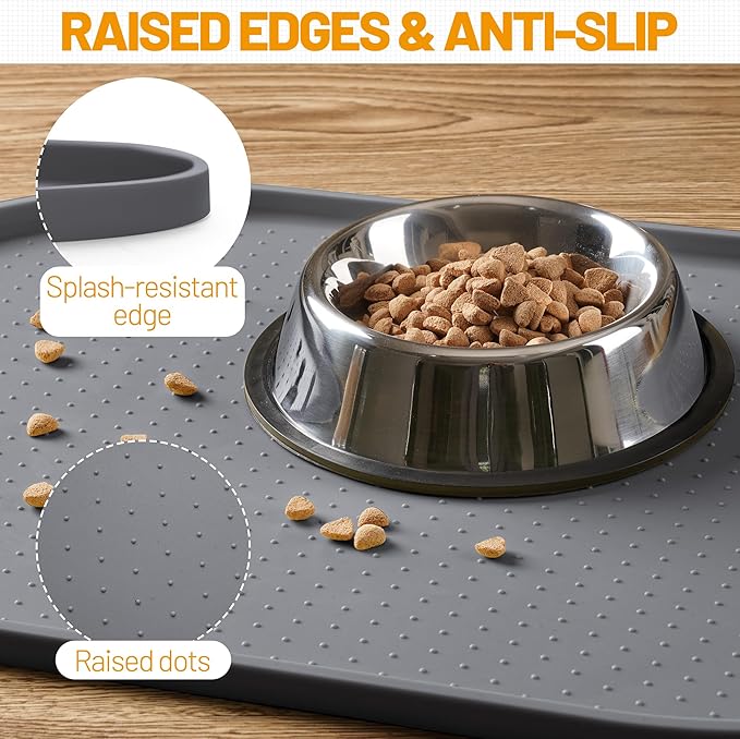 Hubulk 100% Waterproof Silicone Pet Feeding Mat with Raised Edge for Food and Water, Dog Bowl Mats, Cat Bowls Placemat with High Lip Protects Floor for Cats and Dogs (Gray, 16" L x 10" W)