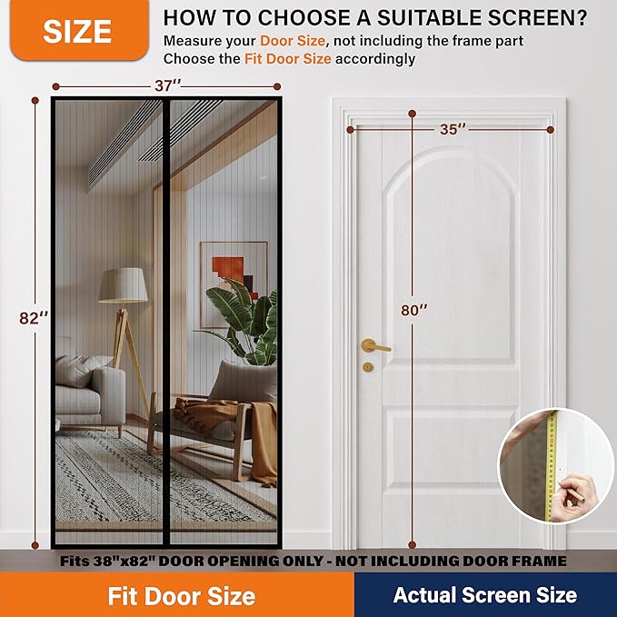 Magnetic Screen Door, Fit Door Size 35 x 80 Inches, Screen Doors with Magnets, Pet & Kid Friendly，Works with Front Doors, Sliding Doors ‎Black