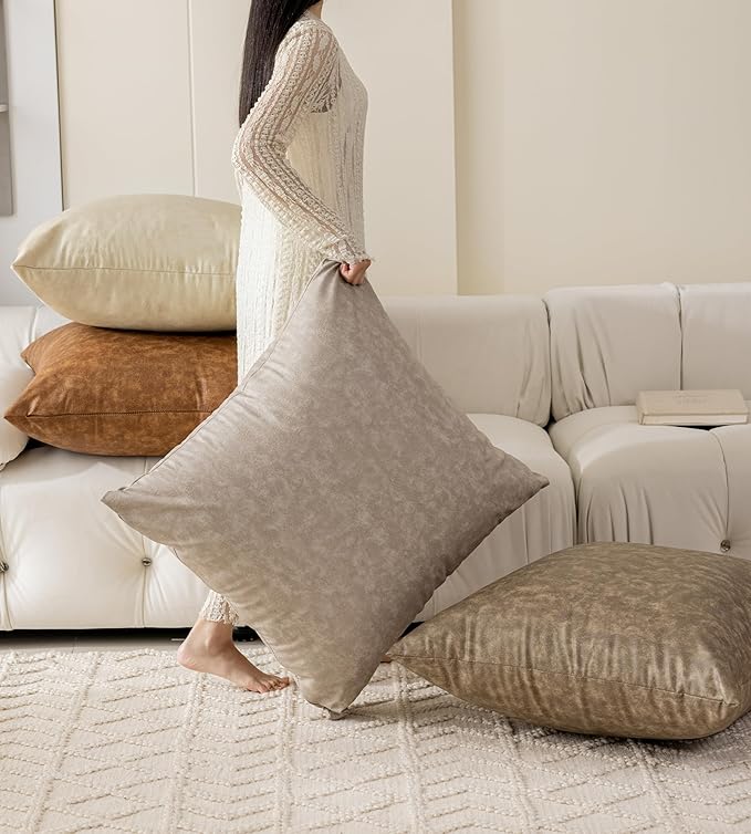 Pack of 4 Oversized Faux Leather Neutral Decorative Throw Pillow Covers 28x28 inch, Soft Modern Boho Luxury Waterproof Floor Cushion Cases, for Outdoor Lounge Sofa Couch Bed Home Deco
