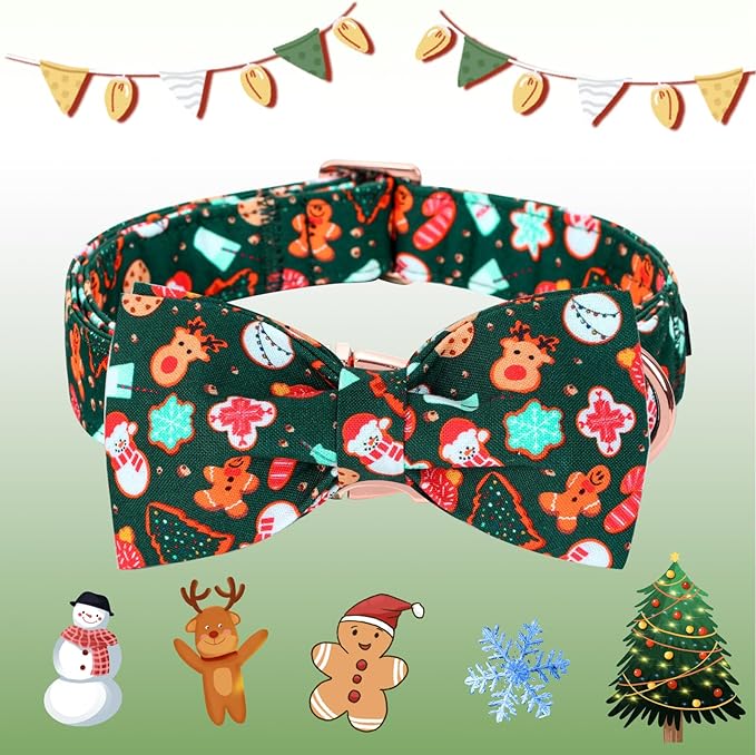 Christmas Dog Collar, Cute Winter Holiday Collars Green Christmas Tree and Snowman Print Metal Buckle Collar Adjustable Sturdy Collars for Medium Girl Boy Dogs