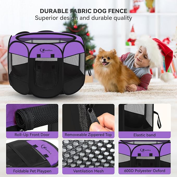 Dog Playpen, Puppy Pet Playpen, Dog Crate Tent Cage Indoor/Outdoor, Portable Pop Up Dogs Kennel Playpen with Carrying Case for Dogs/Cats/Rabbits, Purple, Medium