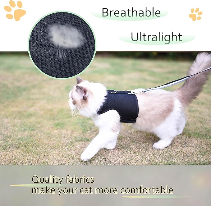 Cat Harness and Leash for Walking Escape Proof Breathable Mesh Fabric, Solid Black, Large, Adjustable Cat Walking Jackets, Padded Stylish Cat Vest