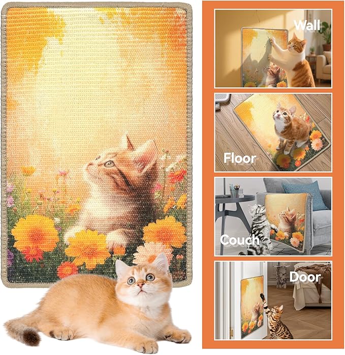 Cat Scratching Mat, 23.6 x 15.7'' Large Sisal Cat Scratch Pad with Non-Slip Backing, Cat Scratcher Mat for Floor, Wall, Sofa & Furniture Protection(OrangeWarm)