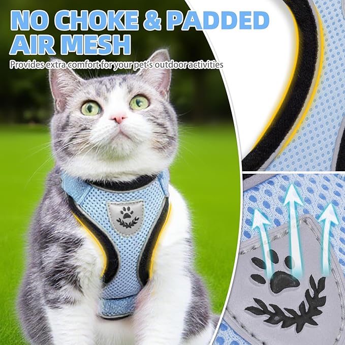 PUPTECK Cat Harness and Leash Set Escape Proof Reflective Cat Walking Harness Adjustable Soft Breathable Mesh Vest for Small Pets, Sky Blue, XS