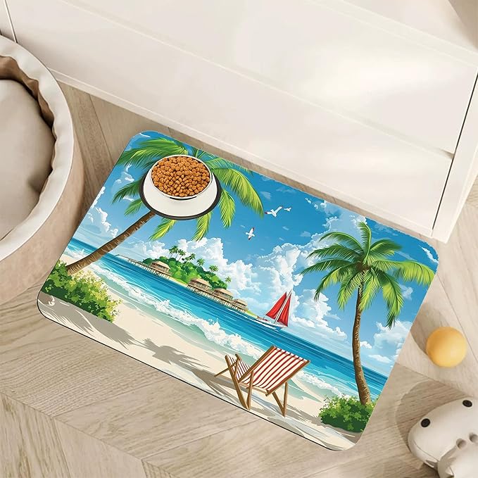 Tropical Beach Dog Food Mat for Floors,Hawaii Palm Tree Absorbent Quick-Dry Pet Feeding Mat,Cat Dog Bowl Mats for Food and Water,Non-Slip Pet Accessories Supplies 16"x24"