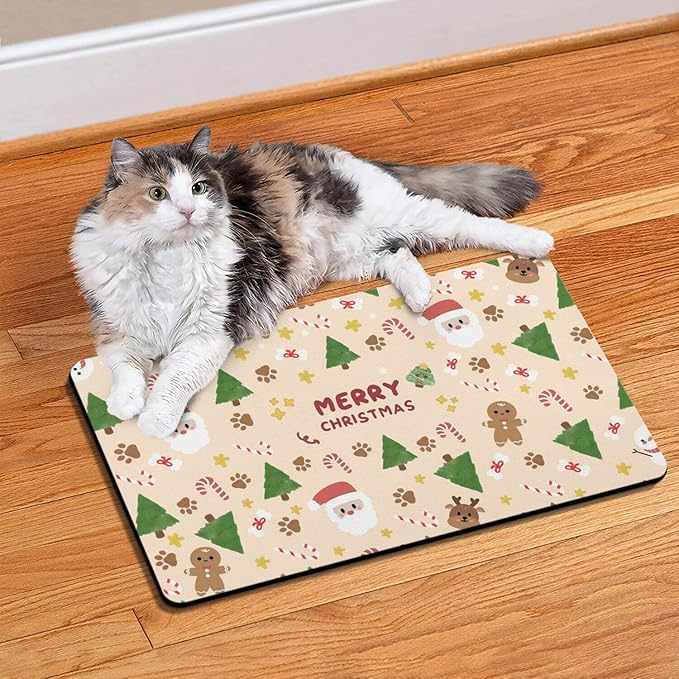 Christmas Dog Food & Water Mat, Paw Prints Santa Claus Snowman Xmas Pet Feeding Mat for Floor Non-Slip Waterproof, Super Absorbent Cat Bowl Mat, Easy to Clean Pet Placemat,16" × 24"