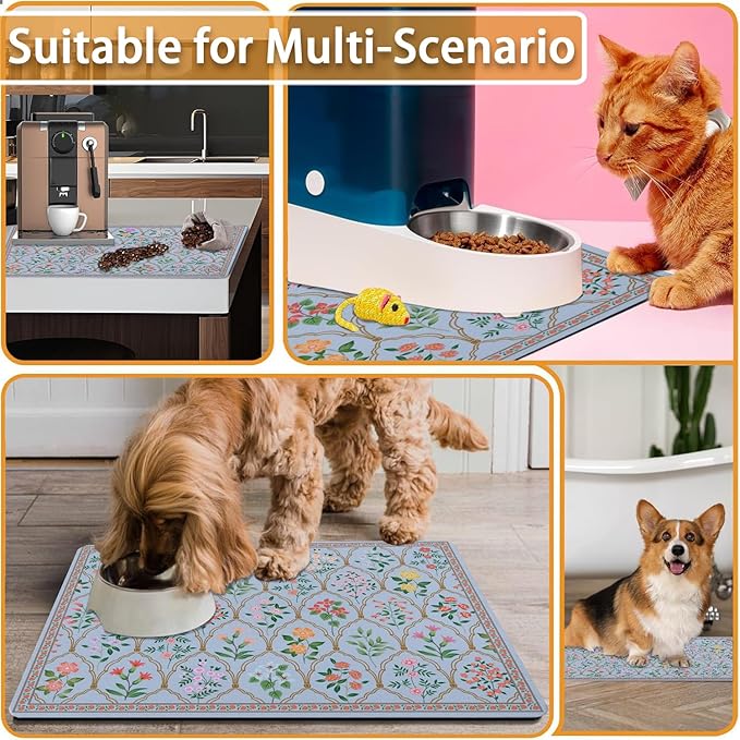 Absorbent Pet Dog Bowl Mat for Food and Water, Pet Cat Food Feeding Mat with Non Slip Rubber Backing, Dog Food Mats for Floors Waterproof, 17"x30"