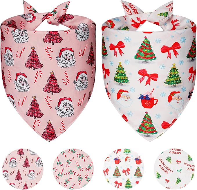 Cute Christmas Dog Bandanas Small 2PCS, 4 Pattern Holiday Scarf for Boy and Girl, Triangle Reversible Bibs Breed for Puppy Pets