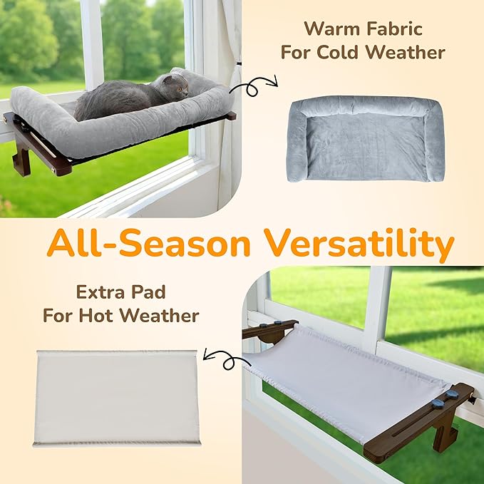 [Ready to Gift] PURRHOUSE Cat Window Perch with Cushion Bolster and Cool Pad, Cat Hammocks for Windows with Wood & Robust Metal Frame for Large Cats, Beds for Windowsill, Bedside and Cabinet,24''W