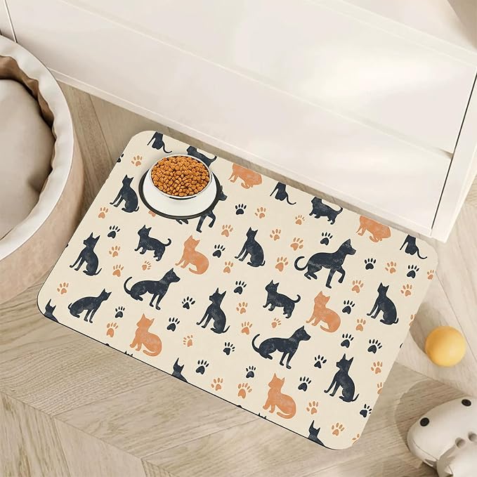 Cute Cat Paw Prints Dog Food Mat for Floors,Vintage Boho Absorbent Pet Food and Water Bowl Mats,Non-Slip Pet Feeding Mat,Pet Supplies 16" x 24"