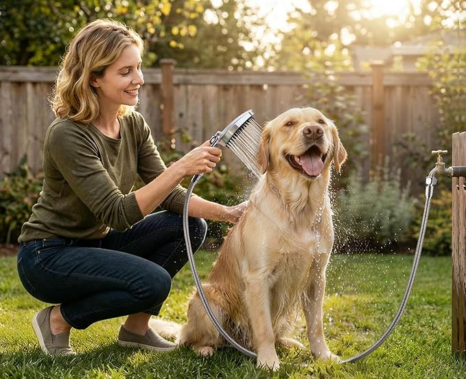 G-Promise 3 Mode Dog Shower Attachment with Pause Mode, Dog shower Sprayer with 78 Inches Stainless Steel Hose, Metal Diverter, Adhesive Holder, for Fast and Easy Dog Bathing and Cleaning(Chrome)
