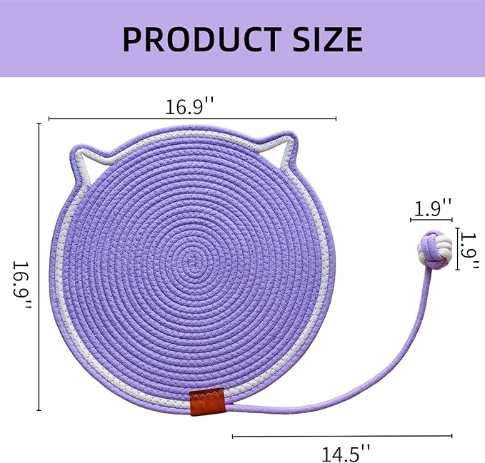 Cat Scratcher Mat, Natural Cotton Rope Cat Scratching Pad, 16.9'' Round Cat Wall & Floor Scratch Pad, Durable Double - Sided Cat Scratcher, Furniture Protector for Wall, Sofa, Couch, Carpet, Violet