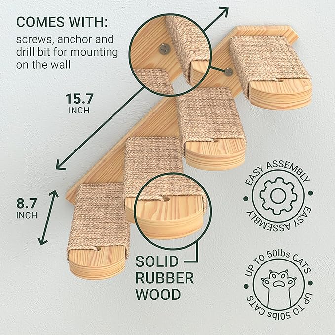 Skywin Cat Wall Steps, 2 Pack Wooden Color Solid Rubber Cat Stairs for Wall, Great for Scratching and Climbing, Easy to Install