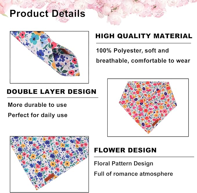 ADOGGYGO Floral Dog Bandanas 2 Pack, Reversible Cute Flower Scarf, Premium Fabric, Adjustable Fit Pink Blue Floral Bandanas for Medium Large Dogs (Large)